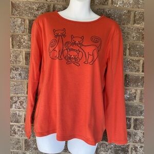 Designer Originals Womens Sz LP Orange Rhinestone Black Cat Halloween T Shirt
